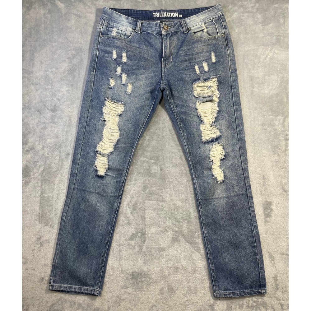 Trillnation Distressed Jeans Mens 36 Blue Excellent Ripped Streetwear Denim